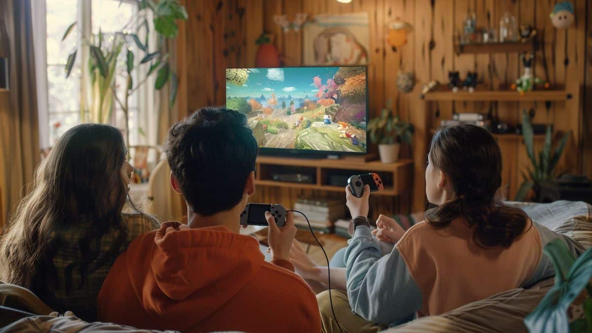 家族がテレビの周りに集まり、Nintendo Switch の期待される機能について興奮して話し合っています