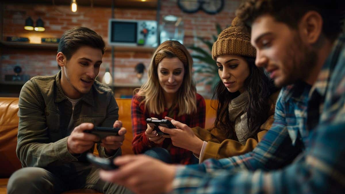 Group of friends gathered around a Nintendo Switch, immersed in an engaging game session.