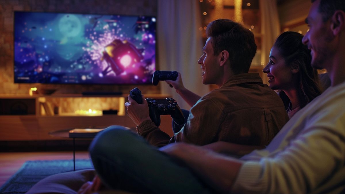 A family enjoying a game night with the PlayStation Pro on a big screen.