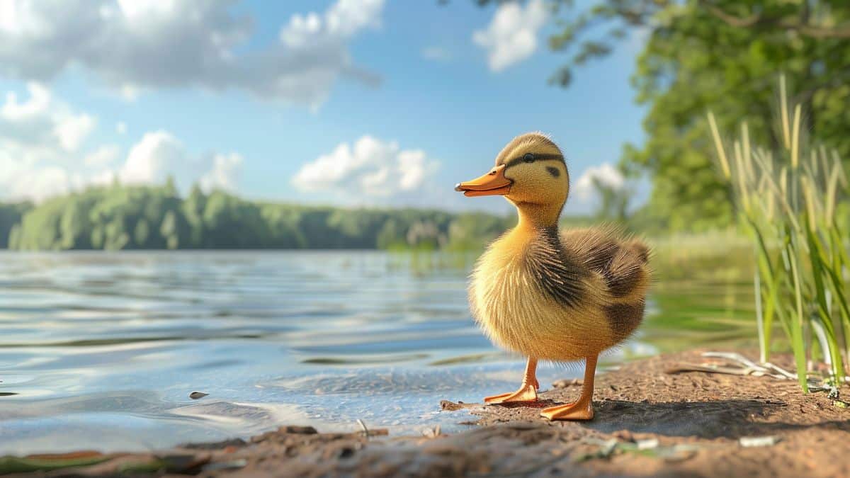 Ducklett vaðrandi fjörugur nálægt rólegri vatnsströnd.