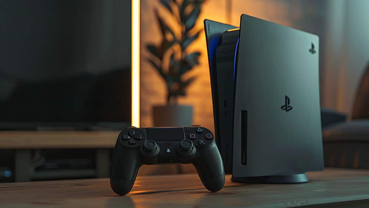 PlayStation leikjatölva með fjarstýringu, tilbúin fyrir nýjustu uppfærsluna.