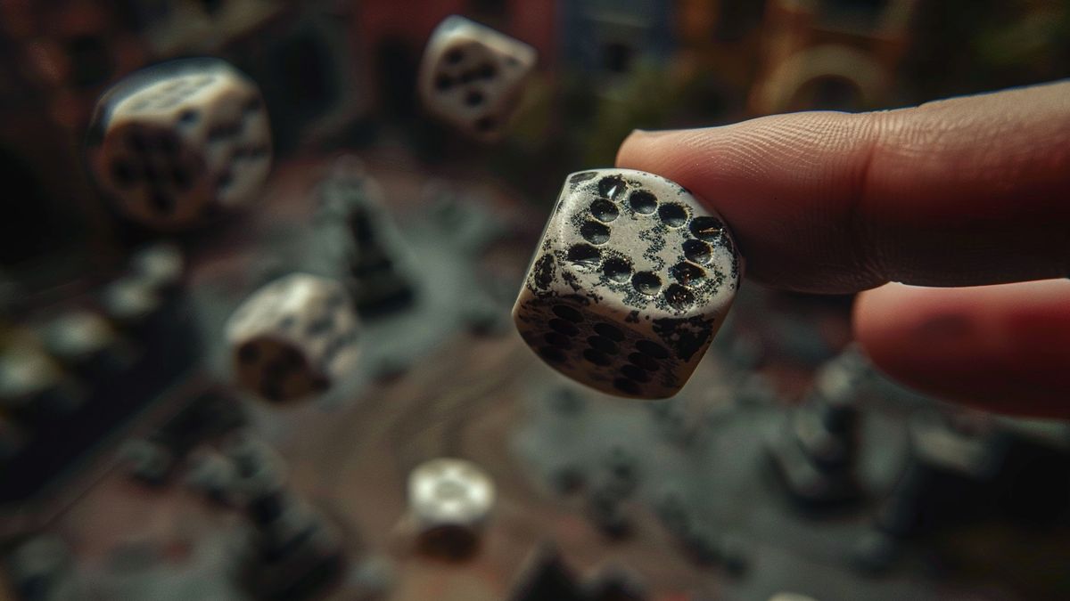 Closeup of intricate dice roll determining crucial game decision.