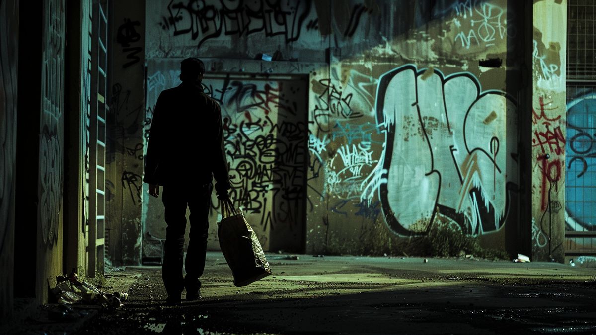 Eerie urban setting with graffiti and a shadowy figure holding a paper bag ominously.