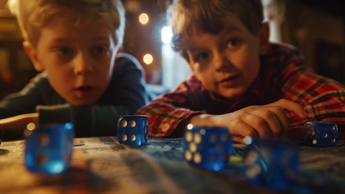 Kids focused on rolling dice in the Bluey game.