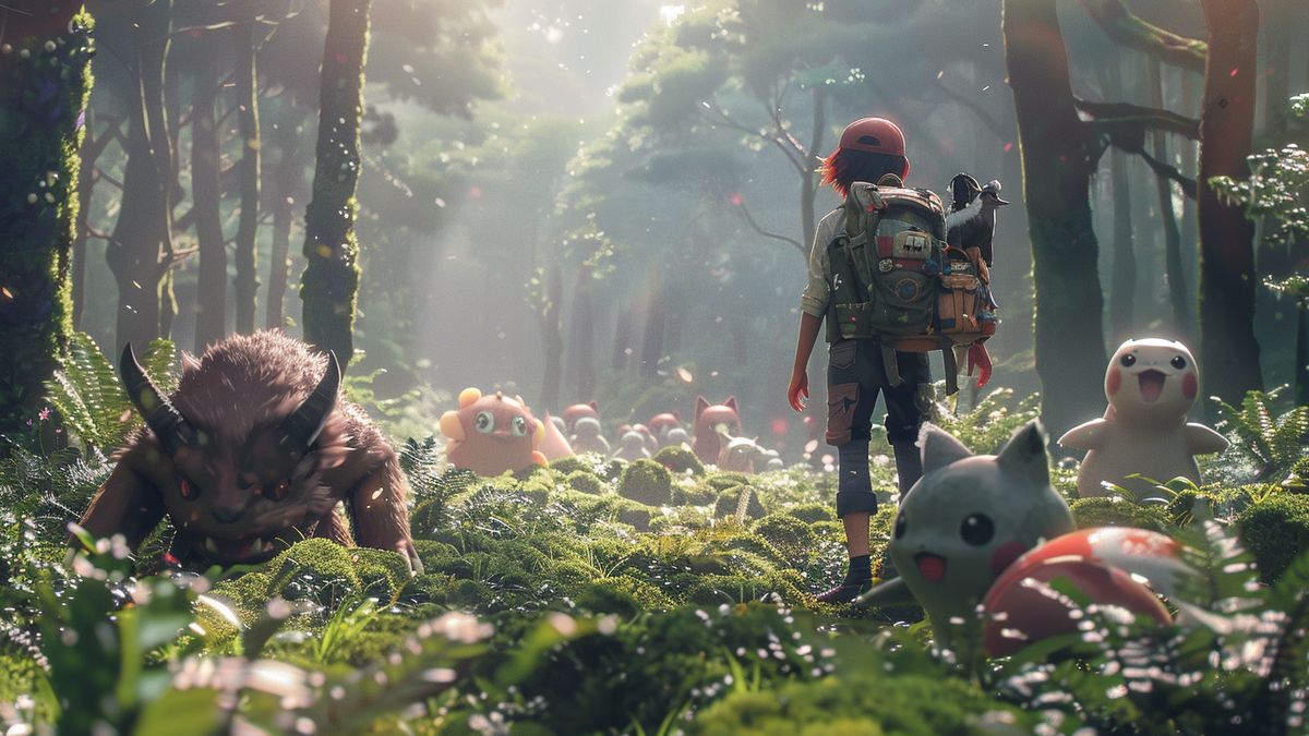Explorer in forest using Mossy Lure Module, surrounded by Pokémon.