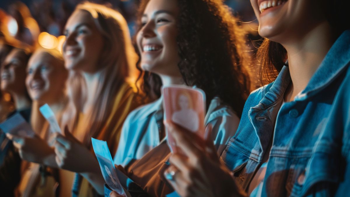 Grupo de asistentes sosteniendo sus entradas para eventos especiales y sonriendo.