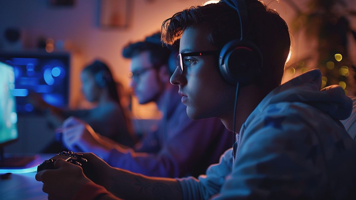 Los jugadores se concentraron intensamente mientras jugaban con la nueva PlayStation Pro en una habitación con poca luz.