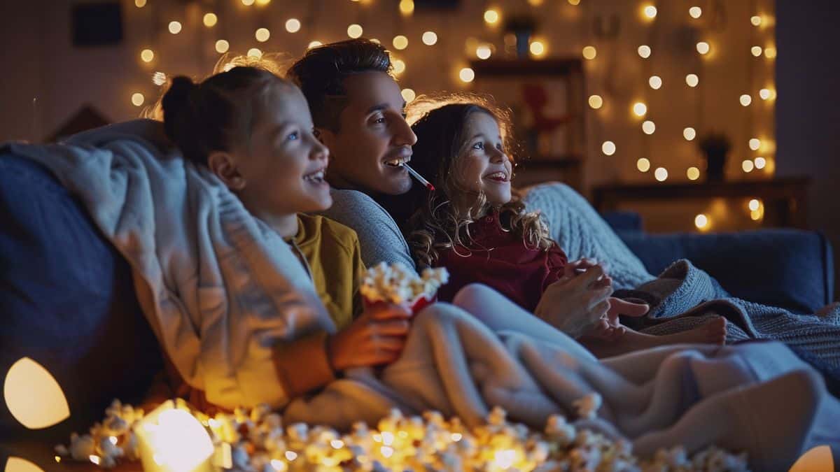 Familia disfrutando de una noche de cine con Fire TV Stick, palomitas de maíz y mantas acogedoras.