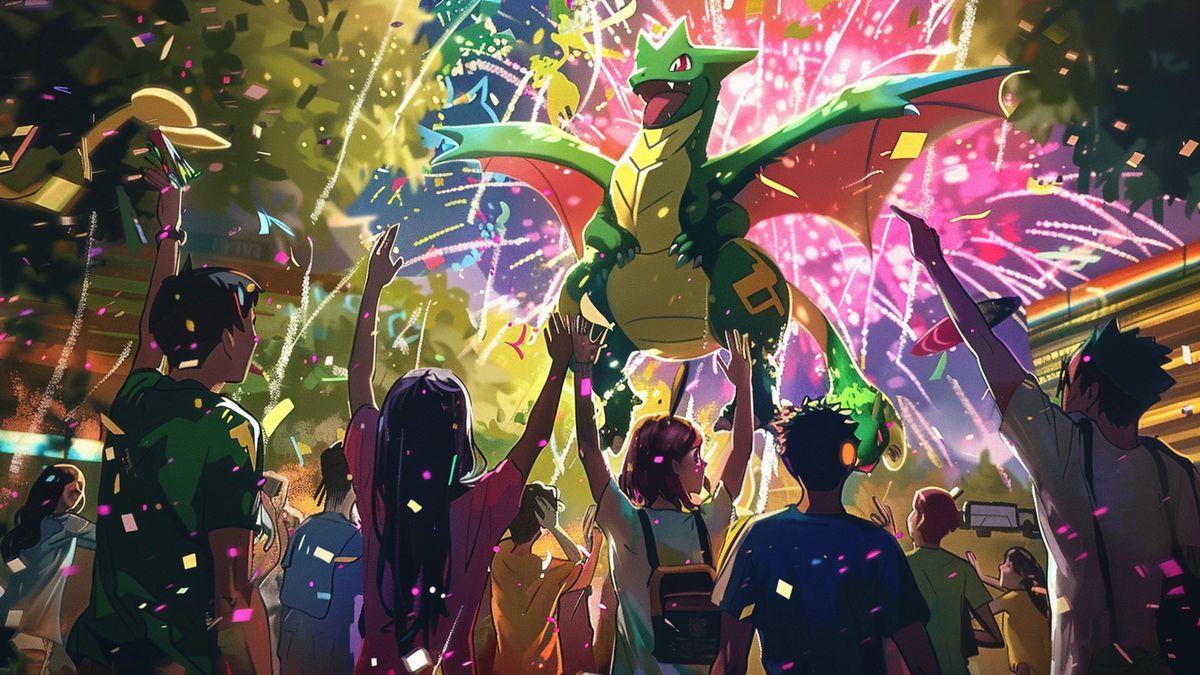 Grupo de amigos celebrando tras capturar a Shiny Rayquaza.