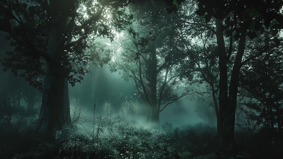 Ghostly Woods: Mistcovered forest with ethereal light filtering through the trees.