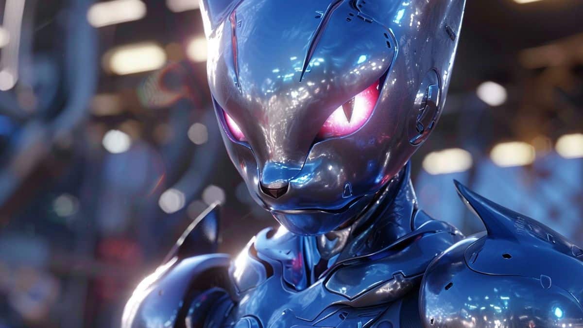 Closeup of Mewtwo Armored's detailed metallic armor, glowing eyes in a fierce expression.