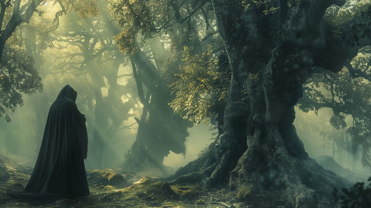Enigmatic hooded figure whispering secrets to a curious traveler near ancient trees.