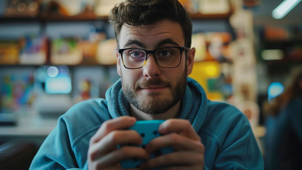 Happy gamer holding Nintendo Switch with eShop open.