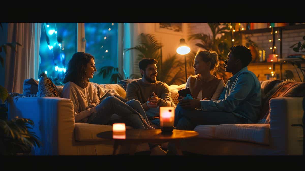 A group of friends discussing Xbox experiences in a cozy living room.