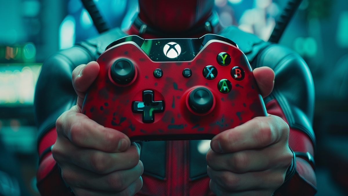 Persona sosteniendo el controlador Xbox Deadpool, sonriendo de alegría.