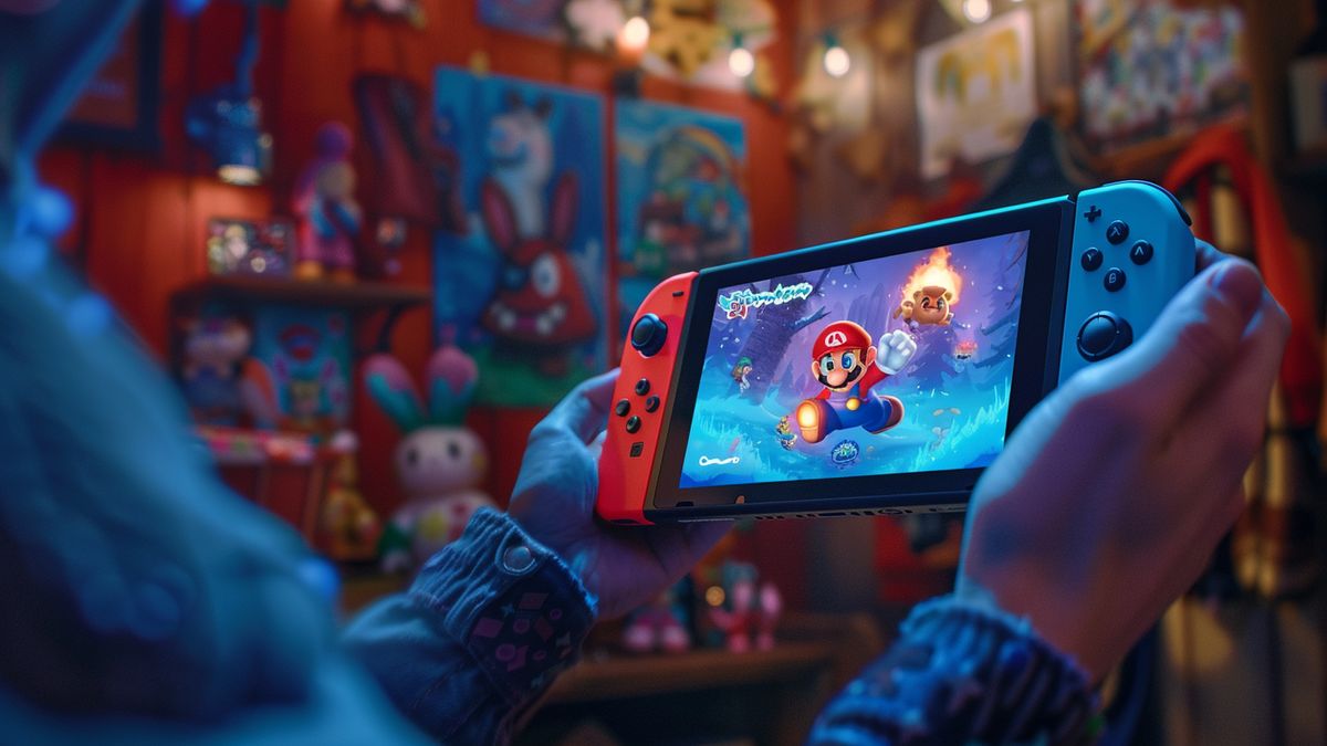 Einstaklingur sem heldur á Nintendo Switch, flettir í gegnum Mario + Rabbids: Sparks of Hope síðuna.