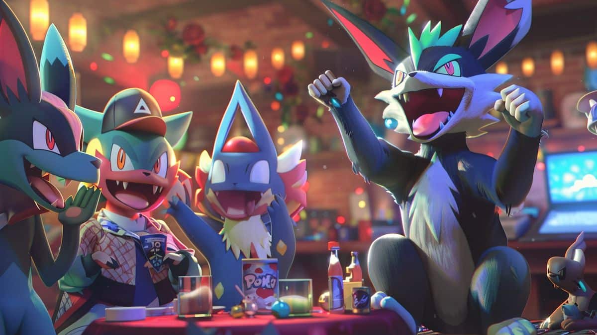 Trainers celebrating after a successful raid, capturing Mega Lucario on their screens.