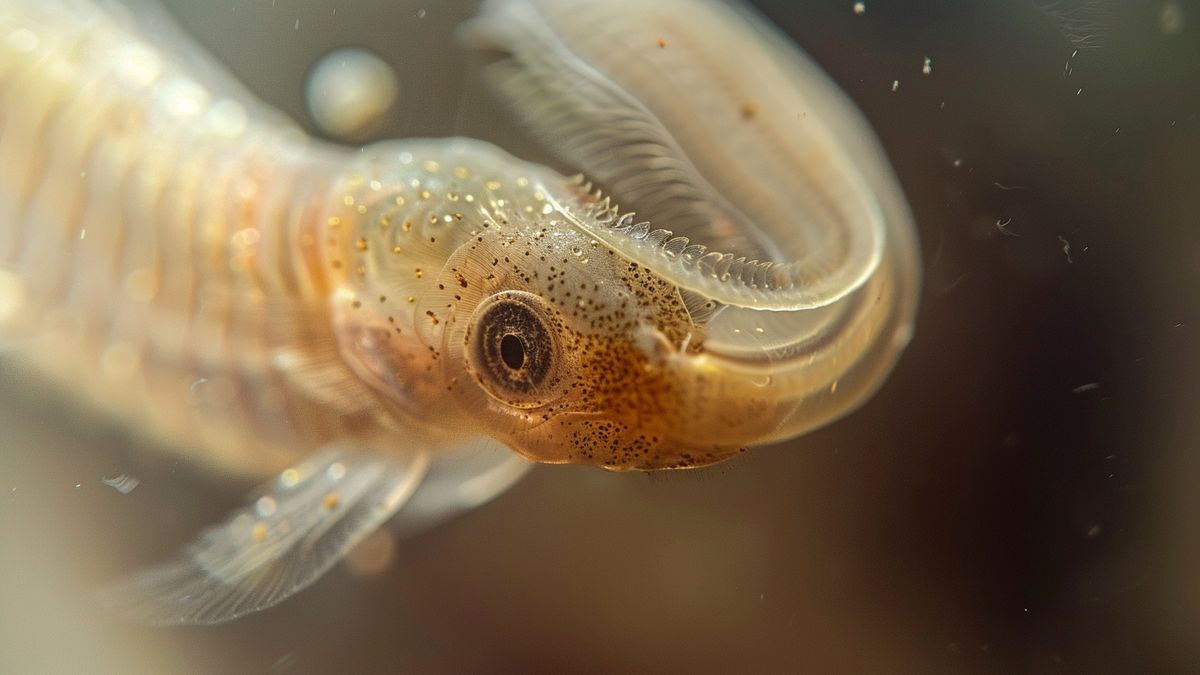 Primer plano de una larva de anguila con una estructura corporal delicada y casi invisible.