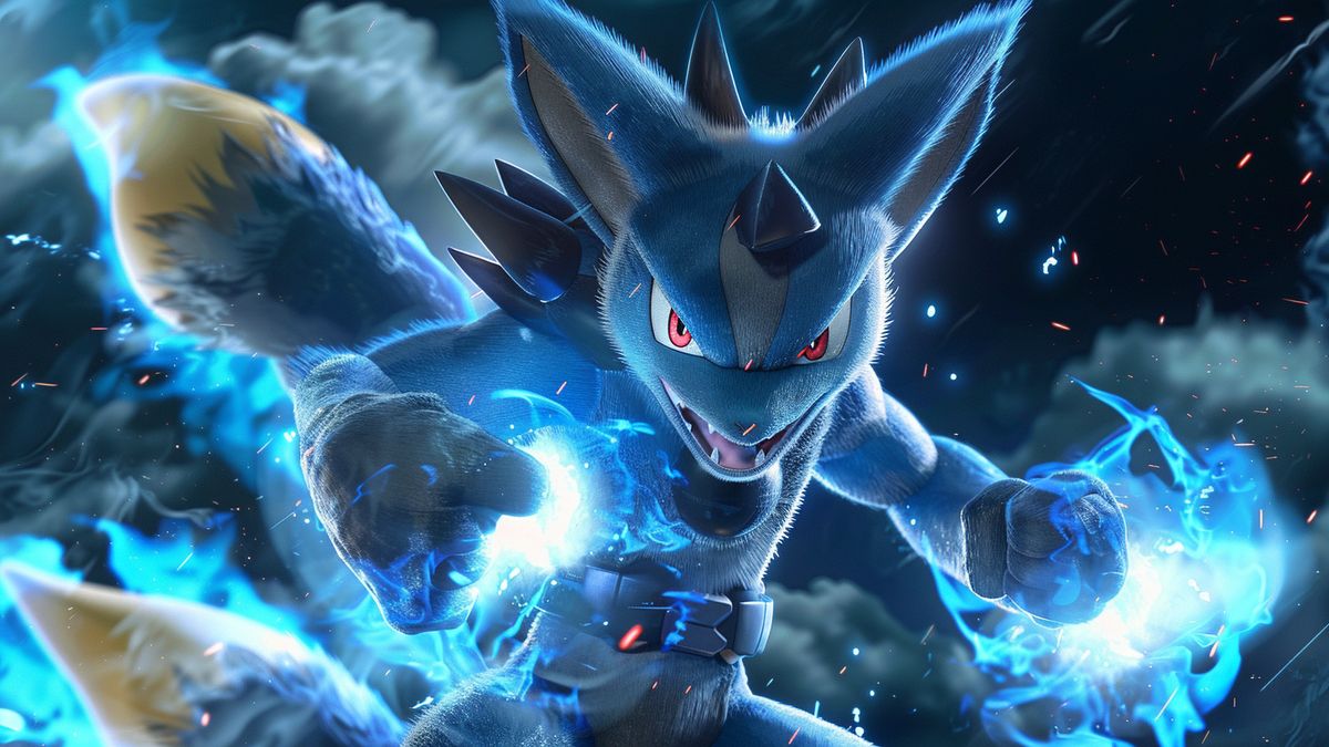 Toma detallada de la postura de lucha de Mega Lucario, que muestra su apariencia de acero.