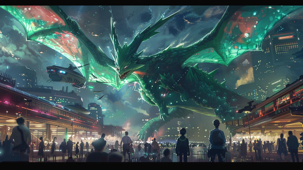 Mega Rayquaza soaring above a bustling event, glowing with intense energy in the sky.