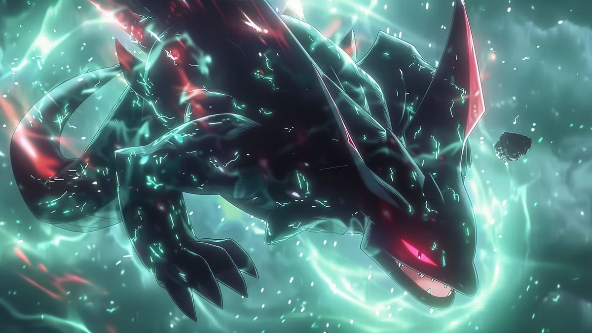 Shadow Rayquaza enveloped in dark energy, meteorite floating nearby.