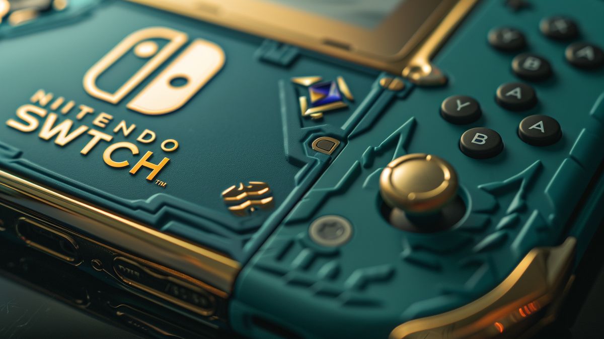 Closeup of both Switch Lite models, highlighting the standard and Hyrule Edition designs.