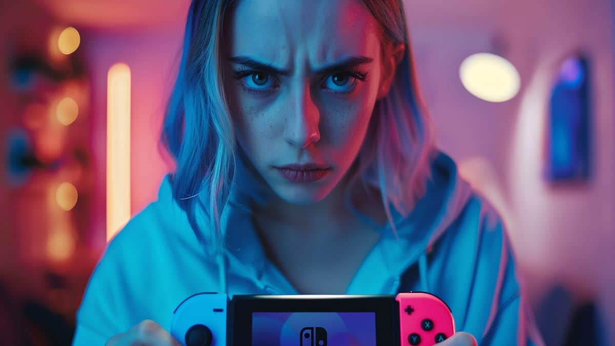 Jugadora sosteniendo Switch con expresión intensa