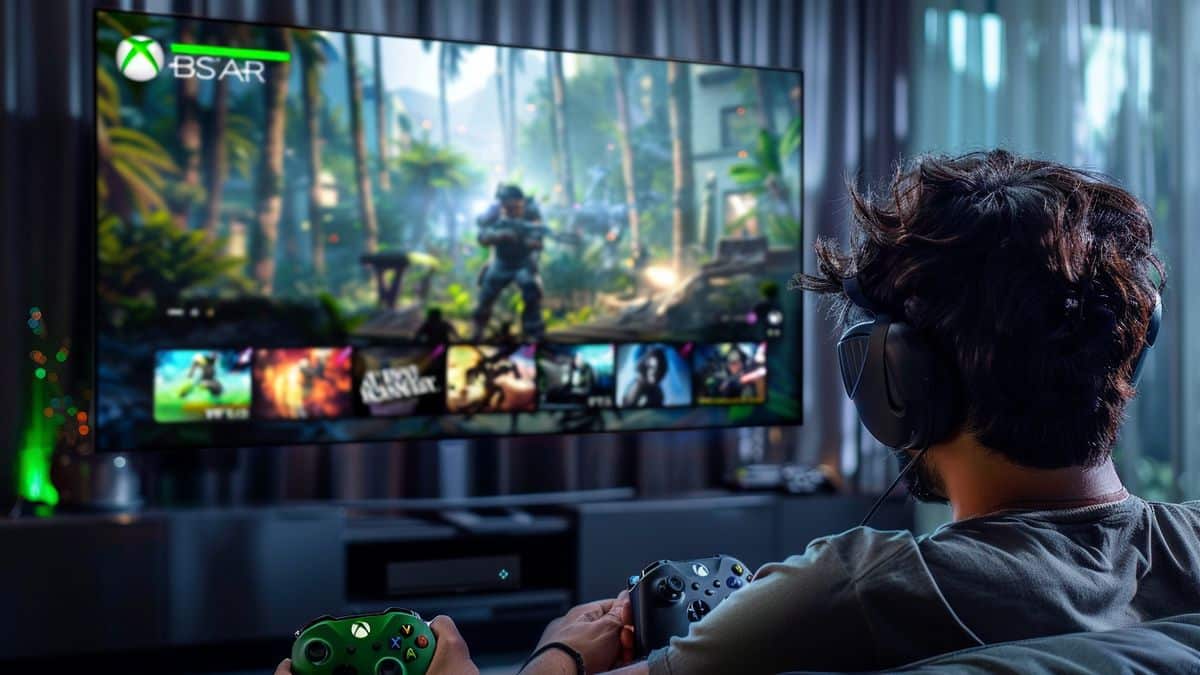 Interfaccia dell'abbonamento Xbox Game Pass Ultimate su una TV a grande schermo.