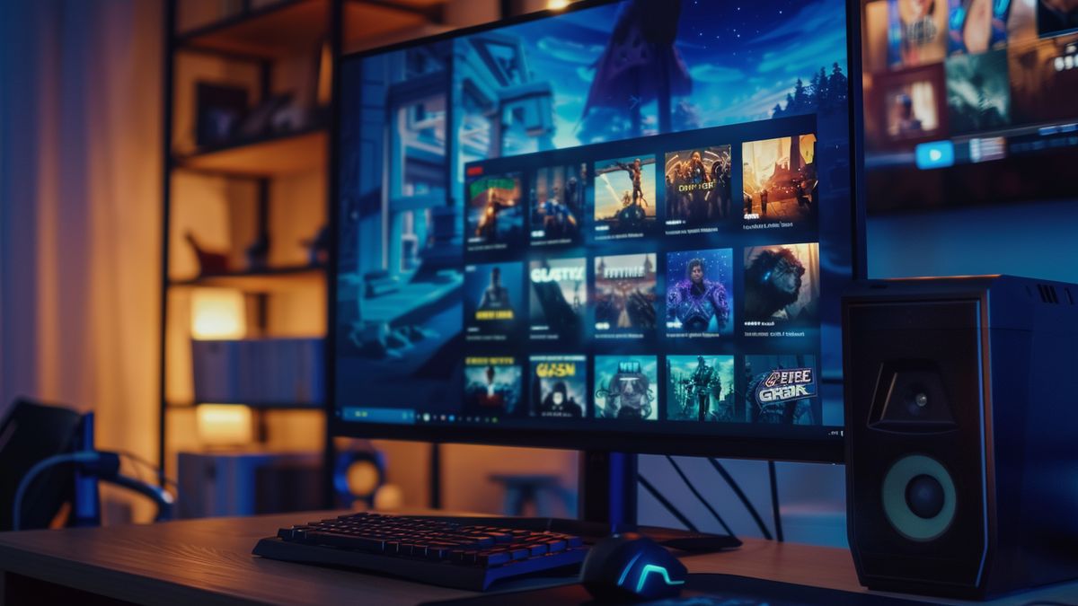 Epic Games Store si apre sullo schermo di un computer e vengono visualizzati vari titoli di giochi gratuiti.