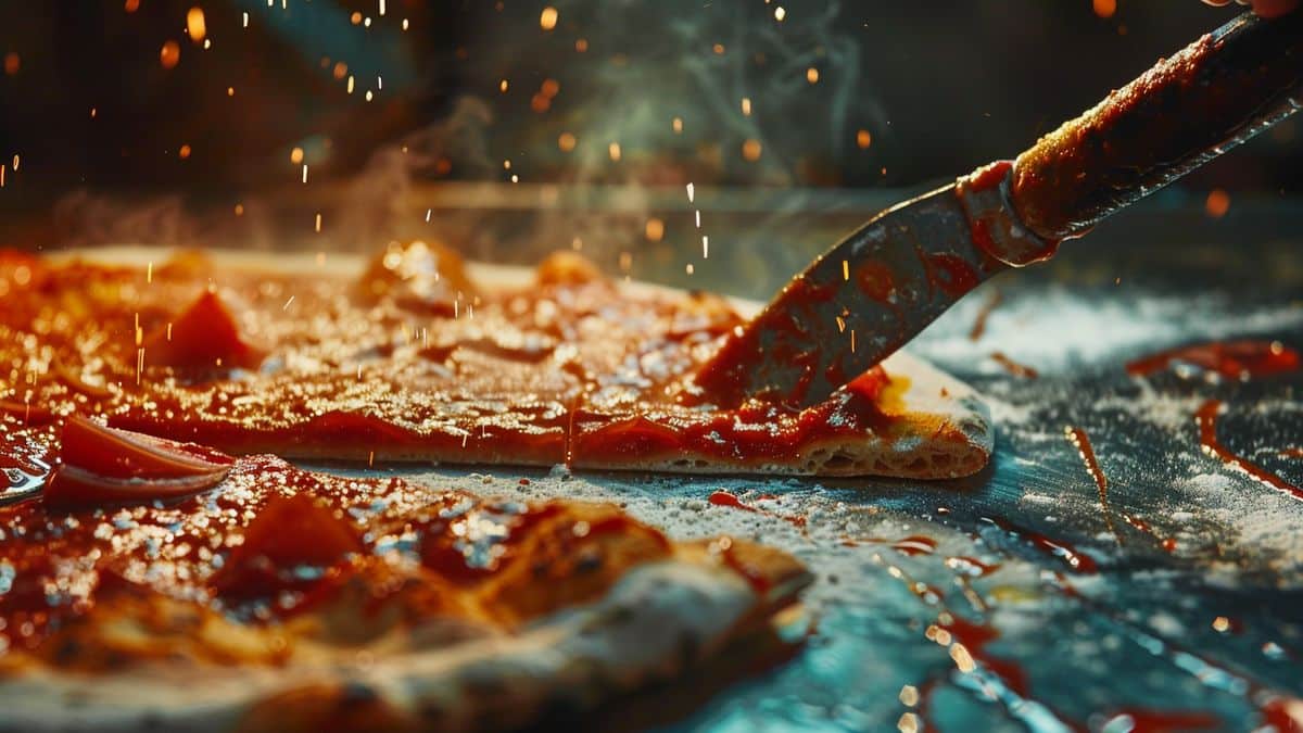 PlayStation logo spatula in action, spreading sauce on a pizza crust.