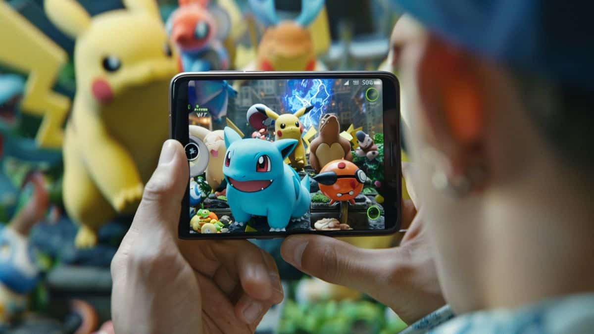 **興奮したトレーナーが携帯電話の画面で新しいピカピカのポケモンのコレクションを披露しています。**