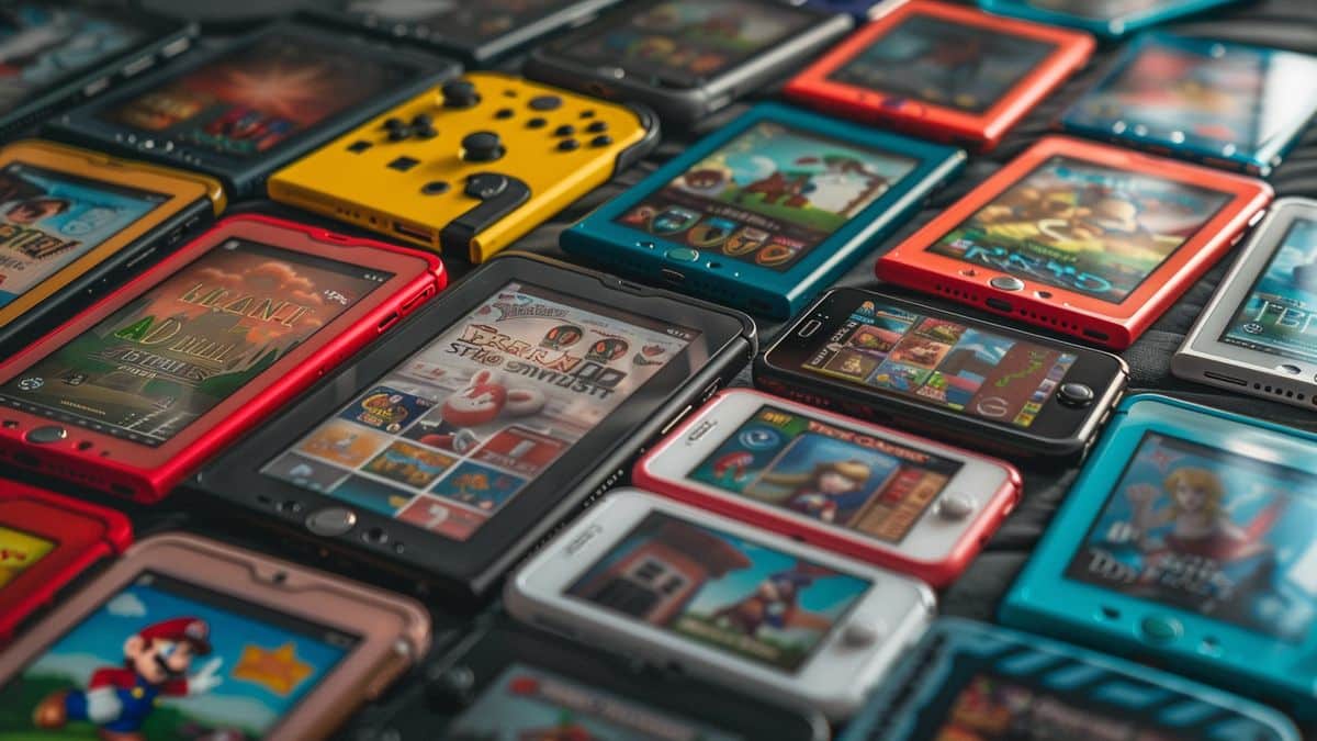 Top view of a table displaying multiple Nintendo Switch games.