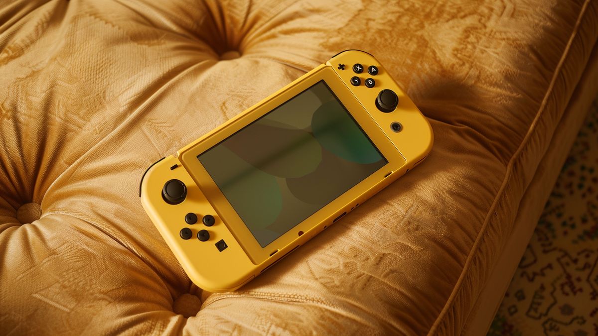 Nintendo Switch Lite, shimmering gold, on a plush velvet cushion.