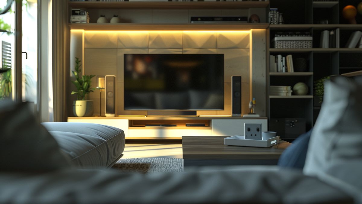 Modern living room with JoyCon stand prominently displayed.