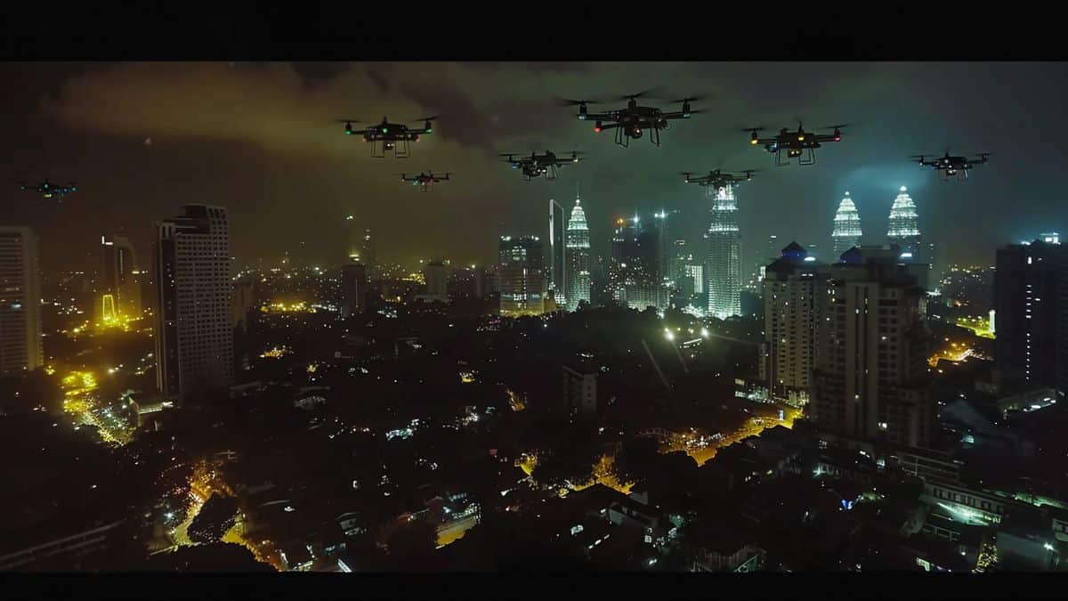 Nighttime drone exhibition illuminates Jakarta skies, captivating eventgoers.