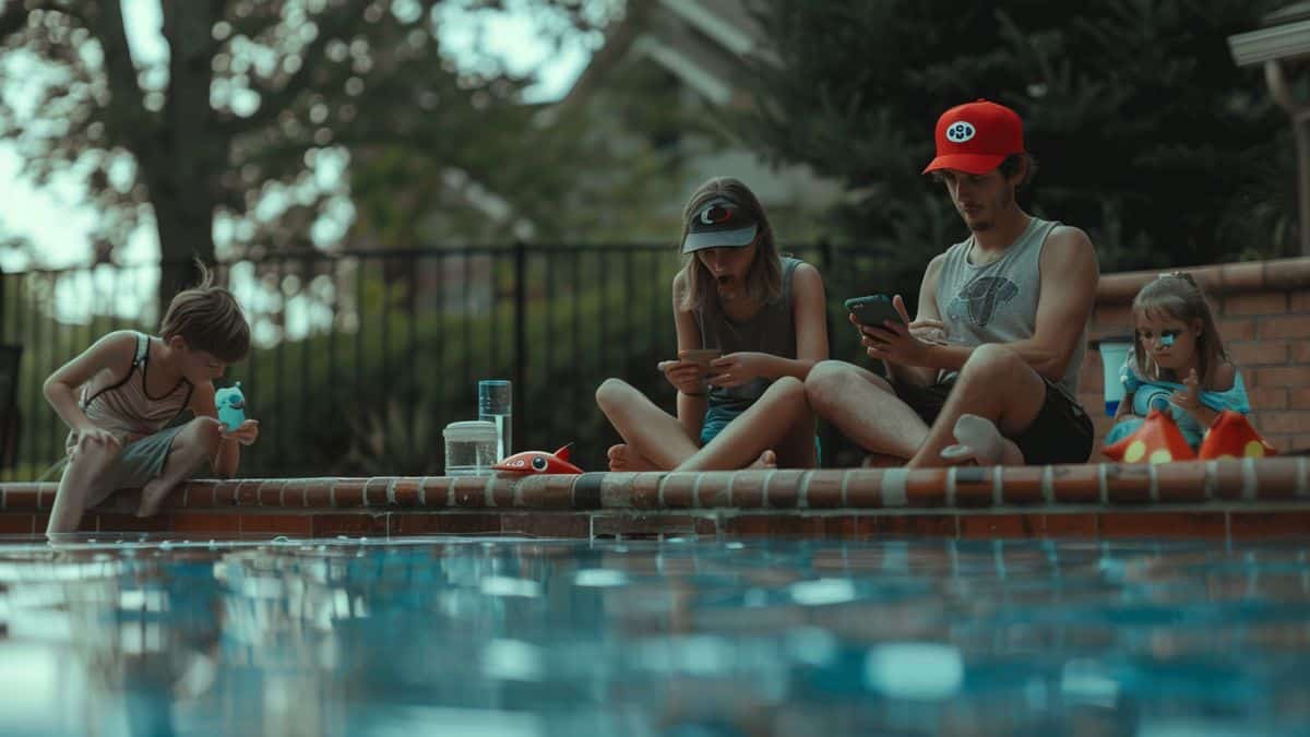 Padres jugando Pokémon GO con niños junto a la piscina.