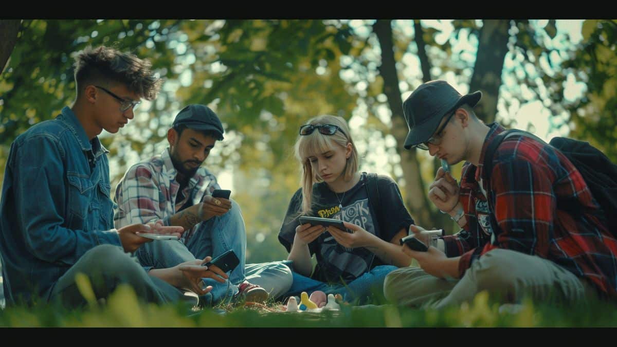 Grupo de amigos jugando juntos a Pokémon GO en un parque.