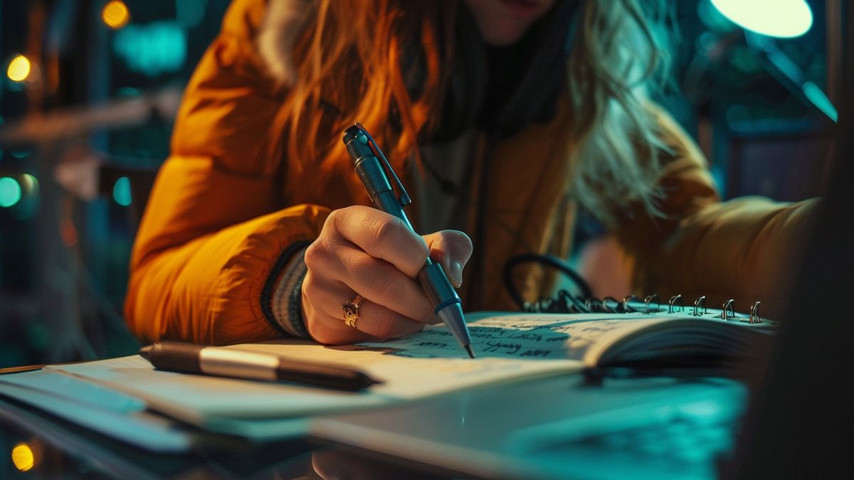 Closeup of IGN journalist taking notes during podcast recording.