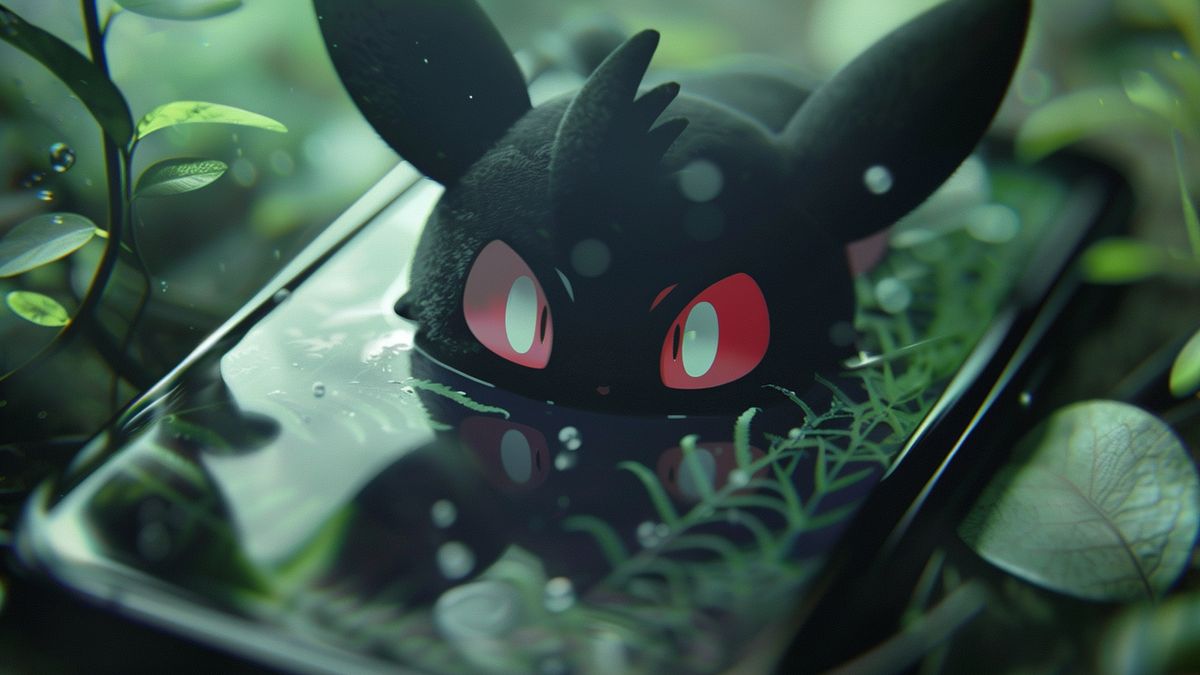 Closeup of Marshadow appearing on a phone screen.