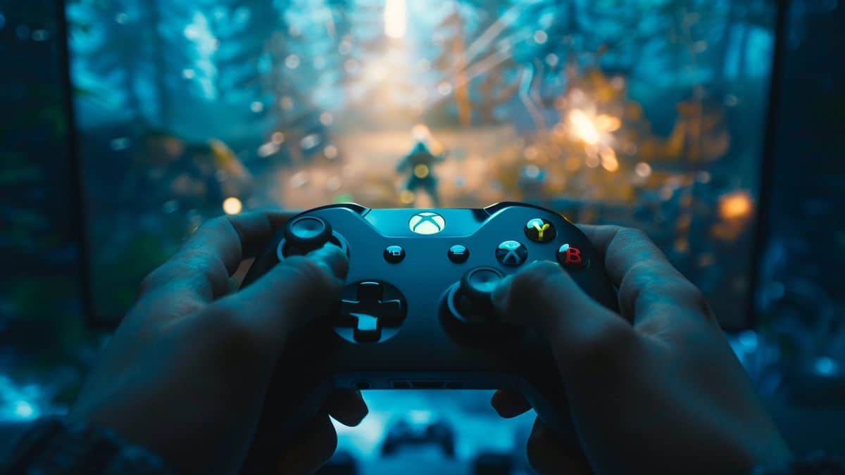 Mani che tengono il controller Xbox, intensa sessione di gioco su uno schermo luminoso.