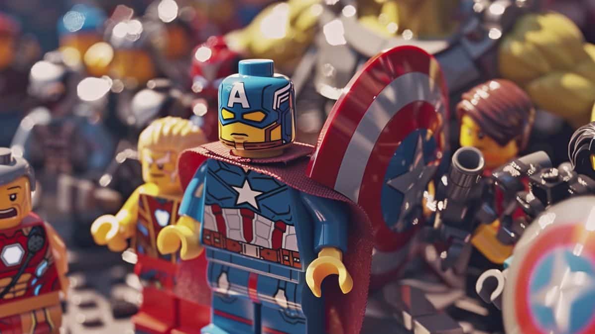 Closeup of LEGO Marvel Super Heroes characters assembled in actionpacked scene.