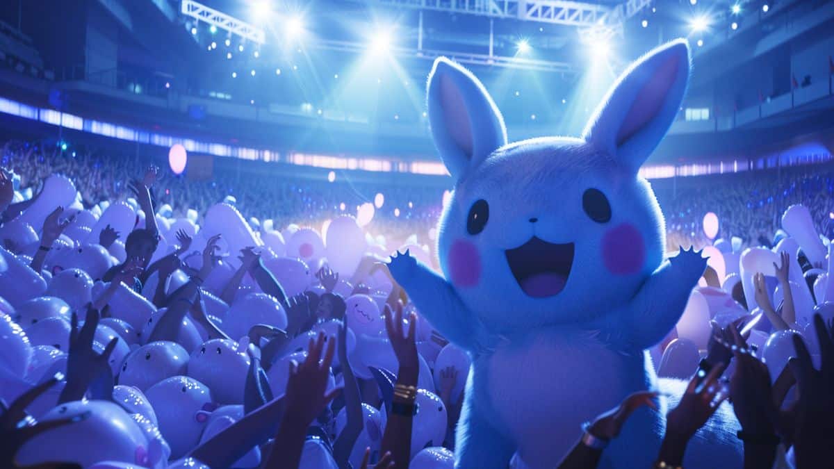 Azumarill surrounded by cheering fans in a large stadium.