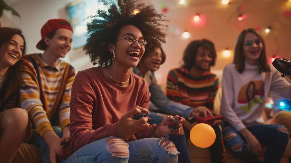 Diverse group of friends playing a rhythm game together, lots of energy and fun.