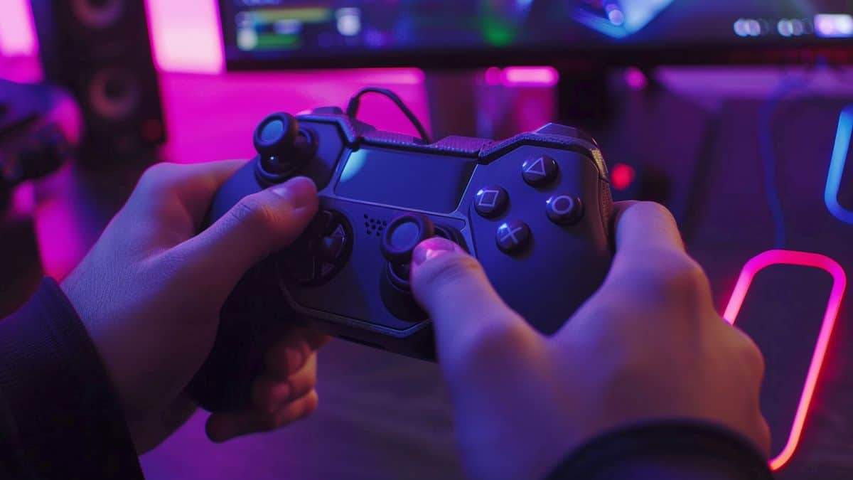 Closeup of hands gripping an ergonomic controller with a focused gaming setup in background.