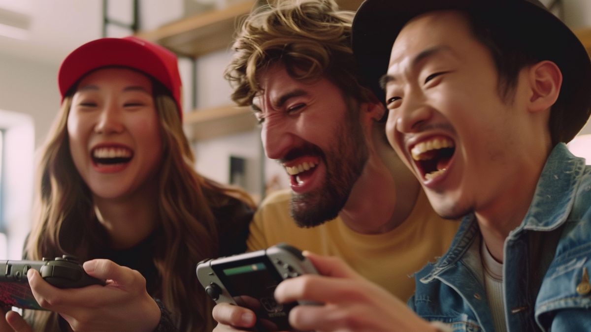 Giocatori entusiasti che aprono con entusiasmo la nuova confezione di Nintendo Switch.