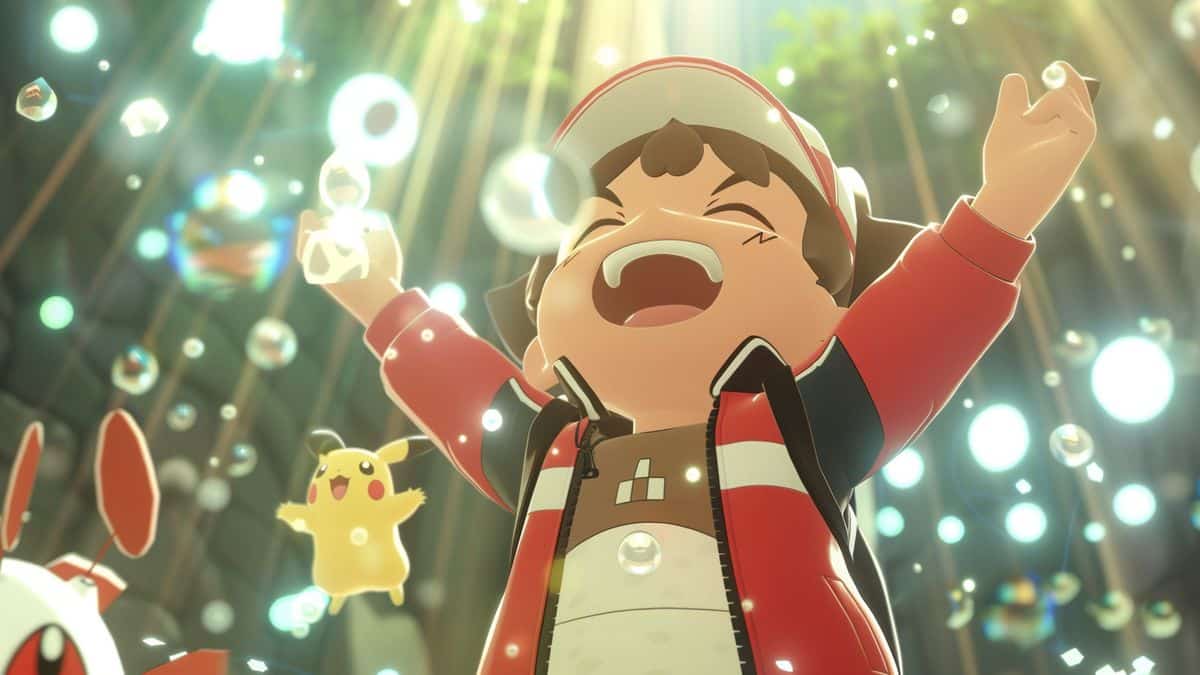 Trainer celebrating after catching a shiny Dugtrio.