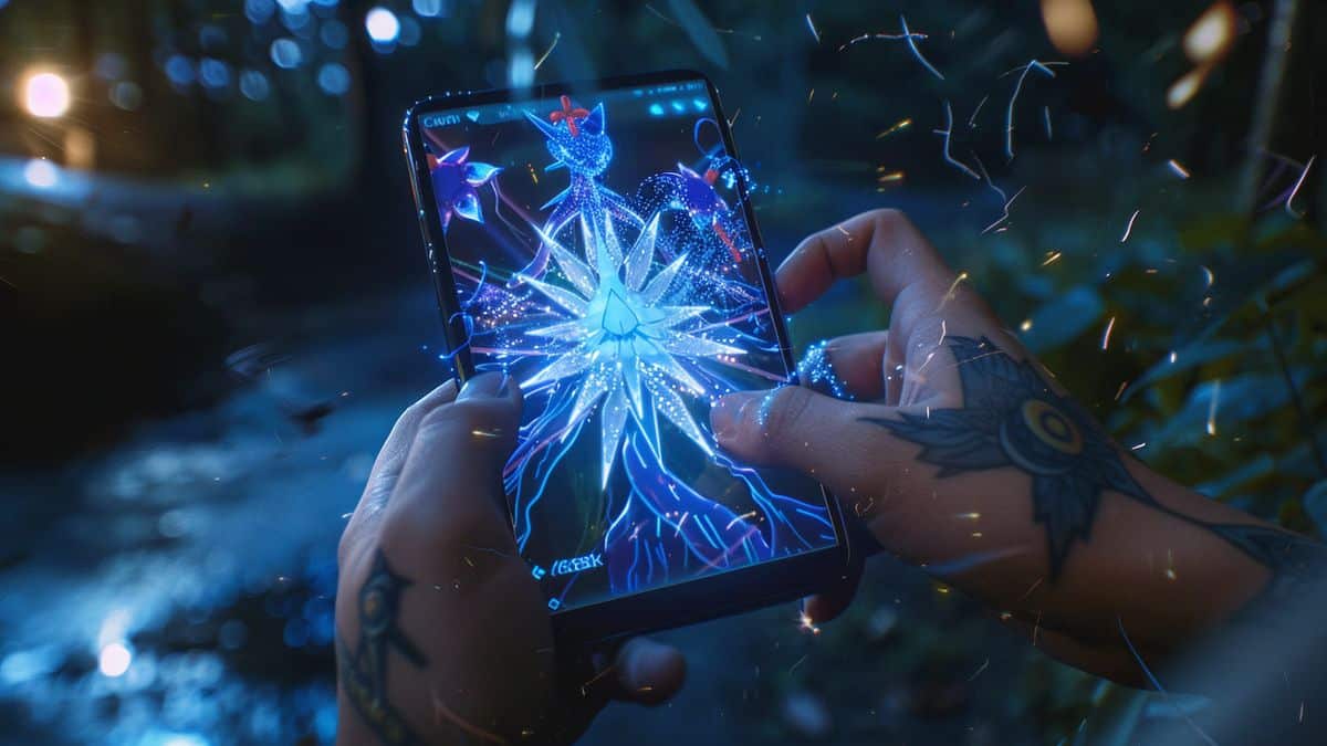 Jugador sosteniendo un Necrozma brillante en su pantalla de Pokémon Go.