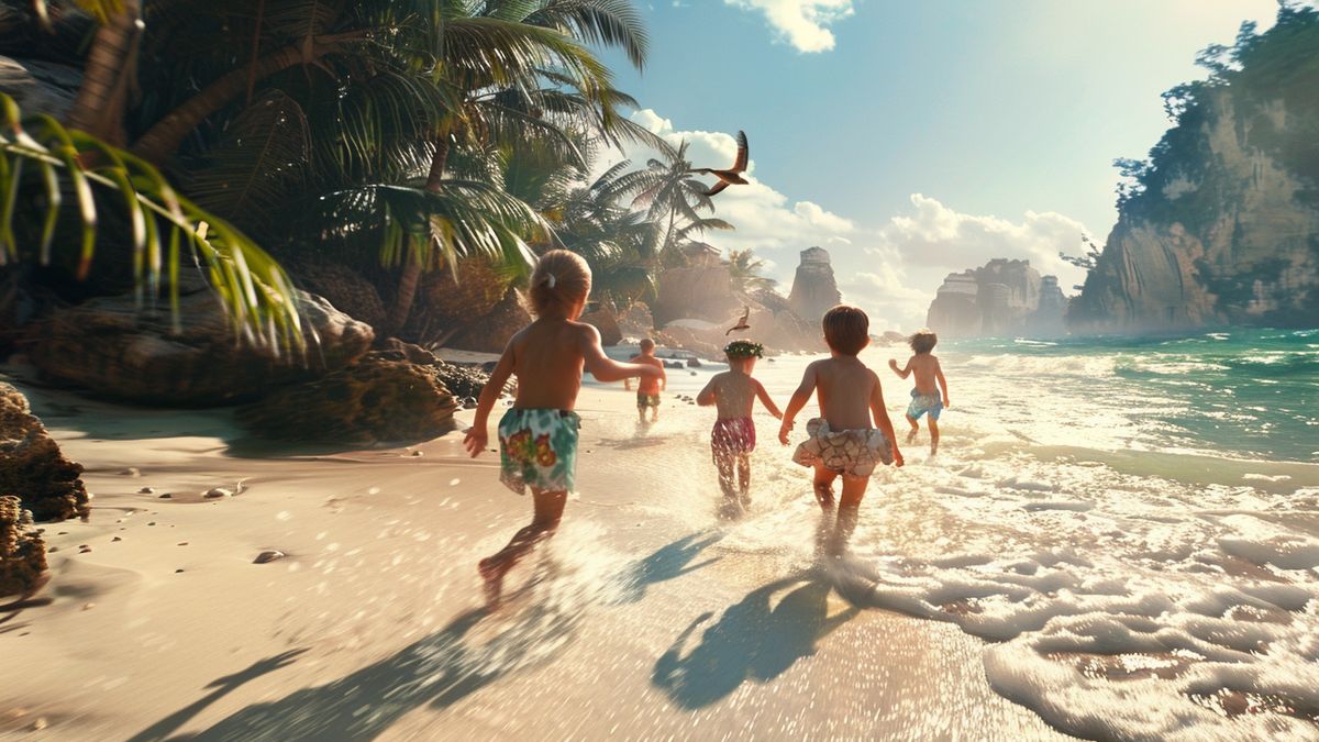 Niños persiguiendo criaturas virtuales en una playa tropical.