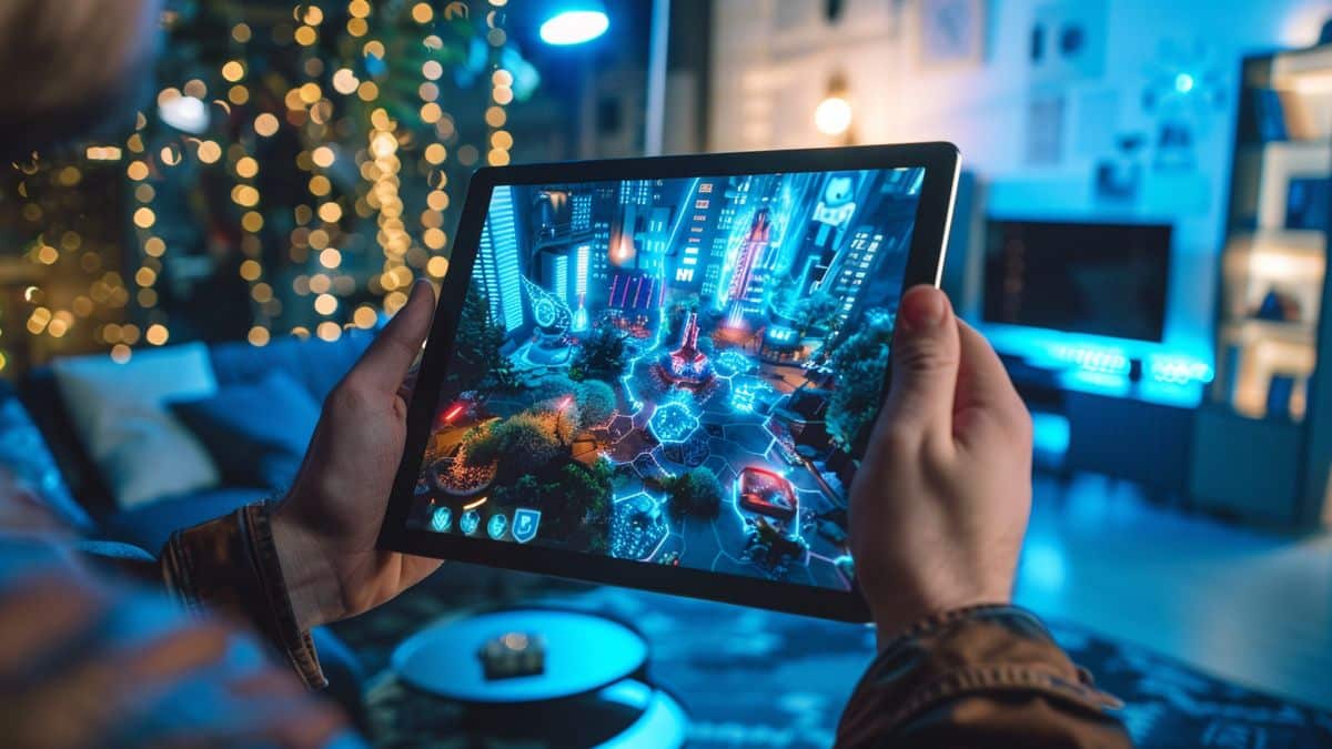 Jugador sosteniendo una tableta que muestra un mundo AR inmersivo con imágenes dinámicas y coloridas.