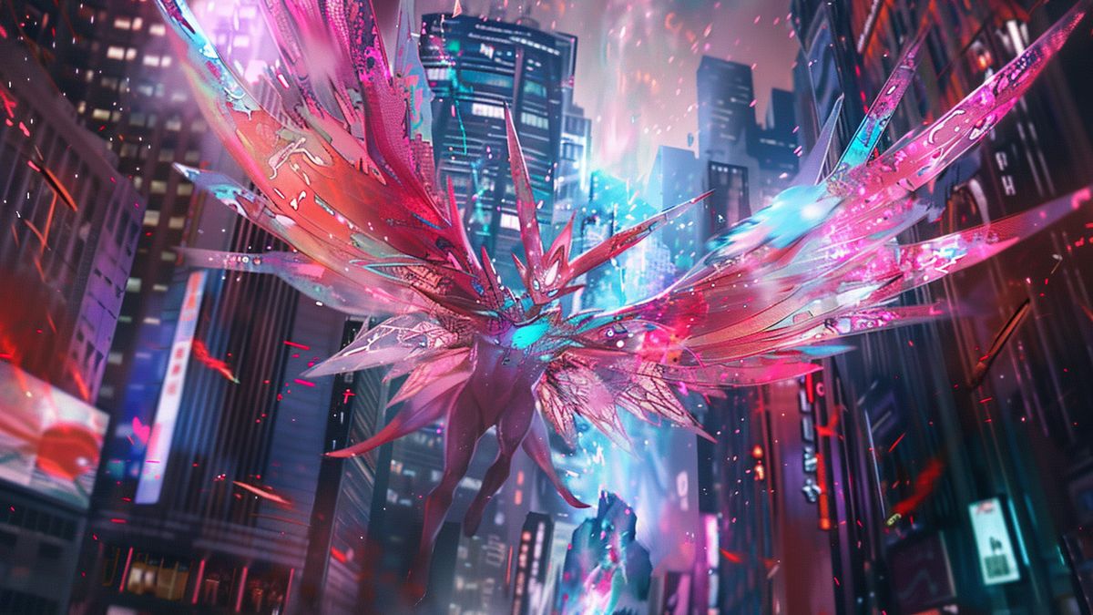 Dawn Wings Necrozma emerging in a colorful cityscape.